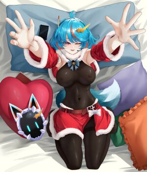 1girl absurdres ahoge bed belt black_bodysuit blue_hair blush bodysuit bow breasts cat_mask cellphone christmas cleavage closed_eyes fur_trim hair_ornament hairclip hands_up headset heart heart-shaped_pillow highres indie_virtual_youtuber large_breasts lightning_bolt_symbol mana_(manasenshou) mask michi_(vtuber) microphone multicolored_hair multiple_pillows on_bed phone pillow reaching reaching_towards_viewer red_shorts santa_costume short_hair shorts skin_tight smartphone smile solo tail thighs virtual_youtuber