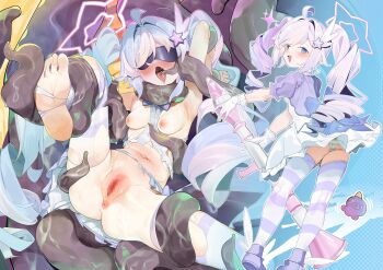 1girl absurdres ahoge blindfold blue_archive blush breasts censored commentary_request hair_ornament halo highres large_variant_set long_hair mosaic_censoring nipples open_mouth paid_reward_available panties qwertame reisa_(blue_archive) reisa_(magical)_(blue_archive) small_breasts soles star_(symbol) star_hair_ornament striped_clothes tentacles thighhighs torn_clothes twintails underwear variant_set