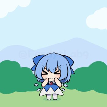 Rule 34 | > <, 1girl, animated, animated gif, blue bow, blue dress, blue sky, bow, cirno, closed eyes, closed mouth, cloud, commentary, dress, english commentary, ferdy's lab, full body, hair bow, jumping, looping animation, mountain, outdoors, short sleeves, sky, smile, solo, touhou