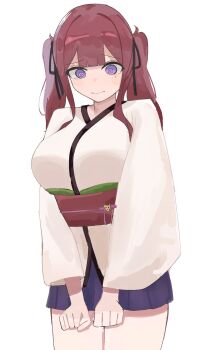 1girl @_@ alternate_costume blue_skirt breasts cevio commentary_request cosplay cowboy_shot embarrassed hair_ribbon highres japanese_clothes kimono large_breasts long_hair long_sleeves looking_down mole mole_under_eye narukami_numari natsuki_karin obi purple_eyes red_hair ribbon sash short_kimono simple_background skirt solo standing touhoku_kiritan touhoku_kiritan_(cosplay) twintails white_background wide_sleeves