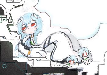 1girl ayanami_rei blue_hair bodysuit closed_mouth expressionless formal_clothes hair_between_eyes http_oopsy long_hair looking_to_the_side lying mecha_pilot_suit neon_genesis_evangelion on_back plugsuit_(evangelion) red_eyes solo suit white_bodysuit white_suit