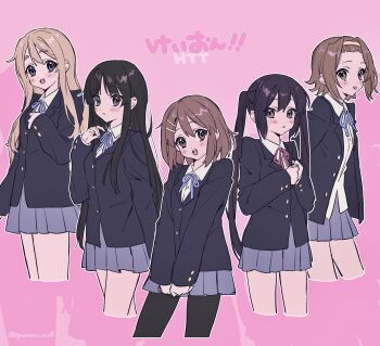 5girls :p absurdres akiyama_mio black_hair black_pantyhose blazer blonde_hair blush brown_eyes brown_hair commentary grey_eyes highres hirasawa_yui jacket k-on! kotobuki_tsumugi long_hair looking_at_viewer multiple_girls nakano_azusa open_mouth pantyhose pururu_ru6 sakuragaoka_high_school_uniform school_uniform short_hair skirt smile symbol-only_commentary tainaka_ritsu tongue tongue_out twintails