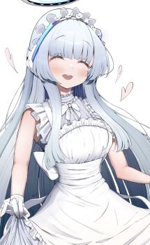 1girl ^_^ alternate_costume apron blue_archive blush caff_(aosui9) closed_eyes commentary dress enmaided frilled_apron frills gloves halo headgear heart highres long_hair maid maid_headdress mechanical_halo noa_(blue_archive) open_mouth simple_background sleeveless smile solo white_apron white_background white_dress white_gloves white_hair white_halo