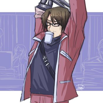 1girl 3boys absurdres alternate_costume amputee arms_up artist_name bags_under_eyes beard_stubble black-framed_eyewear black-framed_glasses black_strap black_sweater brown_hair casual closed_eyes closed_mouth coffee collared_jacket collared_shirt cowboy_shot cup disposable_cup drink facial_hair from_side glasses gregor_(project_moon) hair_between_eyes highres holding holding_cup indoors jacket joints limbus_company long_hair long_sleeves looking_at_another male_focus mechanical_arms meursault_(project_moon) mouth_hold multiple_boys official_alternate_costume open_clothes open_jacket pants paper paper_stack parted_bangs photoshop_(medium) project_moon prosthesis prosthetic_arm purple_jacket purple_pants rodion_(project_moon) rosespanner_workshop_(identity)_(project_moon) semi-rimless_eyewear shirt short_hair signature simple_background sinclair_(project_moon) single_mechanical_arm sketch sketchbook smile solo solo_focus spitting standing strap stretching stubble sweater turtleneck turtleneck_sweater under-rim_eyewear upper_body white_trim window