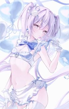 1girl apron balloon bare_shoulders bow bowtie breasts candy commentary detached_collar food gloves hair_ornament hairclip heart heart-shaped_food heart-shaped_lollipop highres holding holding_balloon holding_candy holding_food holding_lollipop lollipop long_hair maid maid_apron maid_headdress mizupuruta navel original pink_eyes purple_hair shaped_lollipop simple_background small_breasts stomach thighhighs traditional_bowtie twintails very_long_hair white_background white_gloves white_thighhighs