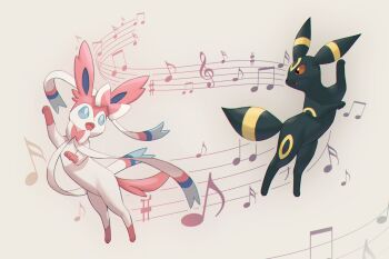 animal_focus black_fur blue_eyes blue_sclera blush bow colored_sclera full_body gen_2_pokemon gen_6_pokemon highres musical_note musical_staff nintendo no_humans open_mouth pink_fur pokemon pokemon_(creature) pokemon_focus red_eyes red_sclera smile sylveon tail topple33 two-tone_fur umbreon white_fur