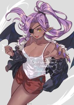 1girl aubz bat_wings black_jacket breasts cleavage collarbone commentary commission commissioner_name dark-skinned_female dark_skin english_commentary eyepatch grey_background high_ponytail highres jacket large_breasts long_hair looking_at_viewer nail_polish open_clothes open_jacket open_mouth original pointy_ears ponytail purple_hair purple_nails reaching reaching_towards_viewer red_shorts sharp_teeth shorts skeb_commission smile solo standing star-shaped_pupils star_(symbol) symbol-shaped_pupils teeth thank_you upper_teeth_only wings yellow_eyes