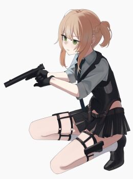 1girl black_shoes blonde_hair bolt_action collared_shirt commentary_request full_body girls&#039;_frontline green_eyes gun handgun highres hinami047 holding holding_gun holding_weapon integrally-suppressed_firearm parted_lips pinstripe_pattern pinstripe_skirt pleated_skirt shirt shoes simple_background skirt socks solo squatting trigger_discipline weapon welrod welrod_mkii_(girls&#039;_frontline) white_background white_shirt white_socks