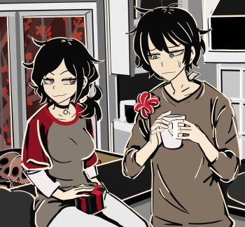 Rule 34 | black choker, black hair, brother and sister, brown shirt, choker, christmas present, coffee maker, coffee mug, cup, folgers "brother and sister commercial" (meme), gift, green eyes, kurokimoko, meme, mug, pink eyes, red ribbon, ribbon, shirt, short hair, siblings, skull, t-shirt, the coffin of andy and leyley