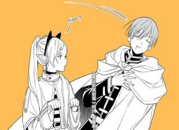 Rule 34 | 1boy, 1girl, animal ear hairband, animal ears, belt, black jacket, capelet, cat ear hairband, cat ears, cloak, closed mouth, drooling, earrings, elf, fainting, fake animal ears, frieren, hair between eyes, hairband, hand on own chest, himmel (sousou no frieren), jacket, jewelry, lm 0063, long hair, looking at another, mole, mole under eye, monochrome, mouth drool, orange background, parted bangs, parted lips, paw pose, pointy ears, shirt, short hair, smile, sousou no frieren, striped clothes, striped shirt, thick eyebrows, twintails, upper body, white belt, white capelet, white cloak, white jacket