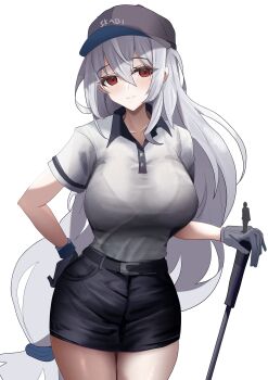 1girl absurdres alternate_costume arknights baseball_cap black_gloves black_skirt breasts character_name collared_shirt gloves golf_club hat highres large_breasts lastmatch500 long_hair looking_at_viewer low-tied_long_hair red_eyes shirt simple_background skadi_(arknights) skirt solo white_background white_hair white_shirt