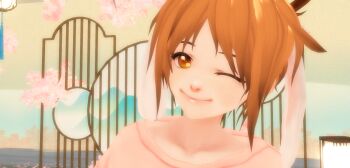 3d animal_ears antlers brown_eyes brown_hair collar highres horns jackalope long_ears one_eye_closed pink_shirt rabbit_ears rabbit_tail ren ren_gao rengao rengaoh shirt short_hair smile usamimi virtual_youtuber wink