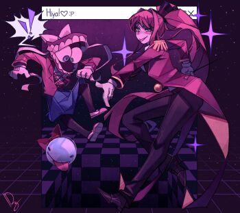 ! !! :p alternate_costume black_background black_pants blue_skirt bow bubble bubble_(the_amazing_digital_circus) caine_(the_amazing_digital_circus) coat commentary cosplay costume_switch doki_doki_literature_club doki_doki_literature_club_school_uniform english_commentary english_text epaulettes from_side gloves gradient_background green_eyes grey_eyes grid_background hat heart heterochromia highres hole long_hair long_sleeves looking_at_viewer looking_down looking_to_the_side mazorca68 monika_(doki_doki_literature_club) pants pointing pointing_at_viewer ponytail purple_background purple_eyes red_bow red_coat red_hair red_shirt school_uniform shirt shoes shoulder_pads skirt smile sparkle star_(sky) tailcoat teeth the_amazing_digital_circus tongue tongue_out top_hat turning_head white_gloves white_shoes