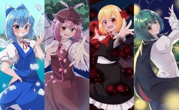 4girls absurdres ascot beckoning bird_wings black_cloak black_skirt black_vest blonde_hair blue_dress blue_hair blush brown_dress cirno cloak column_lineup commentary detached_wings dress fang feathered_wings fireflies floating floating_object green_hair grin highres ice ice_wings looking_at_viewer multiple_girls multiple_wings mystia_lorelei neck_bobbles outdoors outstretched_arms pinafore_dress pink_hair red_ascot rital rumia shirt skirt skirt_set sleeveless sleeveless_dress smile team_9_(touhou) touhou vest white_shirt wings wriggle_nightbug