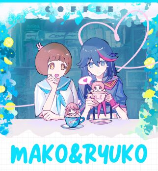 2girls :3 beishang_zha_yu black_hair blue_eyes brown_eyes brown_hair cafe character_name coffee cup food fruit heart highres holding holding_cup honnoji_academy_school_uniform image_in_speech_bubble kill_la_kill latte_art lemon lemon_slice mankanshoku_mako matoi_ryuuko multiple_girls plate school_uniform senketsu short_hair yuri