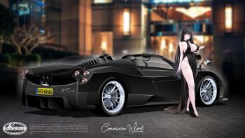 1girl absurdres alternate_costume bag bare_shoulders black_hair blue_archive breasts bright_pupils car cleavage commission convertible dress english_text evening_gown hair_behind_ear hair_ornament hairclip halo handbag highres huge_breasts jewelry logo long_hair millennium_science_school_logo motor_vehicle night outdoors red_eyes rlayuta sideboob solo sports_car vehicle_focus very_long_hair white_pupils wide_shot