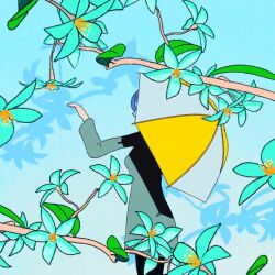 1girl :| animated blooming blue_background blue_dress branch closed_eyes closed_mouth dress expressionless female_focus flower holding holding_umbrella leaf limited_palette looking_at_viewer medium_hair multicolored_background multicolored_umbrella original palms shadow sikikazuto solo umbrella video wings yellow_background
