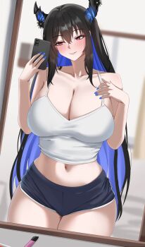 1girl alternate_costume asymmetrical_horns bare_shoulders black_hair black_shorts blue_hair blue_nails blurry blurry_background blush breasts cellphone cleavage collarbone colored_inner_hair crop_top demon_horns dolphin_shorts fingernails flower hair_between_eyes hashtag-only_commentary highres holding holding_phone hololive hololive_english horn_flower horns huge_breasts long_hair looking_at_phone looking_at_viewer midriff mirror mirror_selfie mole mole_on_thigh mole_under_eye multicolored_hair nail_polish navel nerissa_ravencroft parted_lips phone red_eyes selfie short_shorts shorts smartphone solo spaghetti_strap standing tank_top thick_thighs thighs two-tone_hair uneven_horns virtual_youtuber white_tank_top yobi_(ybpac18)