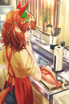 Rule 34 | 1girl, absurdres, animal ears, apron, black skirt, brown eyes, denim, denim skirt, fish, fish request, fusou (fuso0205), hand on own chin, highres, horse ears, horse girl, horse tail, kitchen, nice nature (umamusume), open mouth, orange hair, red apron, shirt, short sleeves, short twintails, skirt, solo, tail, twintails, umamusume, yellow shirt