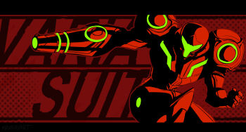 1girl aiming arm_cannon assault_visor clenched_hand english_text high_contrast highres limited_palette max_kay metroid nintendo power_suit_(metroid) red_theme samus_aran solo varia_suit weapon