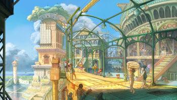 blue_sky bon_(tswx7328) bridge building cloud commentary_request day highres holding holding_swim_ring innertube one-piece_swimsuit original outdoors path people pool road scenery sky slice_of_life stairs standing summer swim_ring swimming swimsuit walking walkway