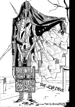 absurdres artist_name black_cloak blood blood_on_ground briefcase chainsaw_man cloak demon extra_arms fingernails greyscale highres holding holding_briefcase hole_in_chest hole_on_body horns intestine_clothing long_arms monochrome nandry original papers sagging_pants scarf sharp_fingernails sharp_teeth single_horn skeletal_hand skinny snowing solo teeth tree