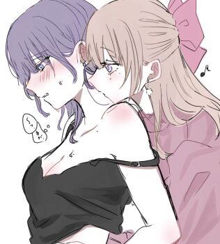 Rule 34 | 2girls, black camisole, blue eyes, blush, bow, breasts, brown hair, camisole, cleavage, commentary request, hair bow, highres, luv x03, medium breasts, multiple girls, original, parted lips, pink bow, pink sweater, purple hair, simple background, speech bubble, sweat, sweater, translation request, white background, yuri