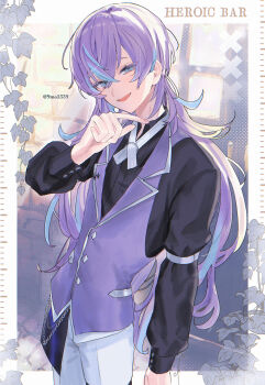 1boy absurdres alternate_costume black_shorts blue_hair border commentary_request cowboy_shot curtains english_text green_eyes highres hoshirube_sho indoors kumotsu_(9mo2) long_fingers long_hair long_sleeves looking_at_viewer male_focus nijisanji open_mouth pants purple_hair purple_vest shorts smile solo thigh_strap twitter_username vest virtual_youtuber white_border white_pants window