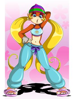 arm_up baggy_pants bare_shoulders beanie blonde_hair blue_eyes crop_top donkey_kong_(series) earrings eyelashes eyeshadow flower fur_wristband hand_on_own_hip hat jewelry jungle lips long_hair makeup monkey monkey_girl nail_polish nature navel nintendo pants peace_symbol pink_flower pink_nails pink_toenails pout sandals scrunchie shirt sidelocks smile suggestive_gesture sweatpants tiny_kong toenails toes twintails very_long_hair wrist_scrunchie