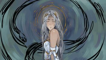 1girl aegyo_sal animated animated_gif armlet blinking dress from_side grey_eyes halo halo_behind_head highres ignoramoose jewelry long_hair looking_at_viewer looking_to_the_side nephis_(shadow_slave) shadow_slave solo swirl upper_body white_dress white_hair