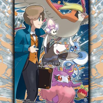 1boy applin aromatisse artist_name bad_link beast_ball bird black_pants blue_coat bow bowtie briefcase bright_pupils brown_bow brown_bowtie brown_hair brown_jacket buttons closed_mouth coat collared_shirt commentary commission company_name copyright_notice dragonair drilbur english_commentary fantastic_beasts_and_where_to_find_them from_side gen_1_pokemon gen_5_pokemon gen_6_pokemon gen_7_pokemon gen_8_pokemon green_eyes harry_potter_(series) head_wings highres holding holding_briefcase holding_poke_ball horns instagram_username jacket jacket_under_coat long_eyelashes male_focus mega_pidgeot mega_pokemon morelull mushroom newt_scamander nintendo official_style open_clothes open_coat open_jacket open_mouth orange_vest outline pants pidgeot poke_ball pokemon pokemon_(creature) pokemon_focus pokemon_team procreate_(medium) red_eyes shirt short_hair single_horn smile solid_oval_eyes standing tom_higgins vest watermark white_outline white_pupils white_shirt wings wizarding_world