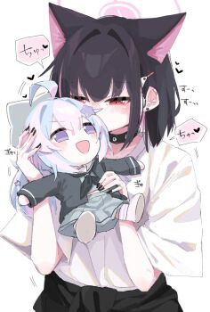 1girl ahoge animal_ears black_bow black_choker black_hair black_jacket blue_archive blue_hair blue_jacket blush bow cat_ears cat_girl character_doll choker closed_eyes clothes_around_waist colored_inner_animal_ears colored_inner_hair commentary_request doll extra_ears fumo_(doll) hair_between_eyes halo holding holding_doll jacket jacket_around_waist kazusa_(band)_(blue_archive) kazusa_(blue_archive) multicolored_hair negu_(pixiv_6519140) official_alternate_costume open_mouth pink_hair pink_halo purple_eyes red_eyes reisa_(blue_archive) shirt short_sleeves skirt t-shirt two-tone_hair white_shirt white_skirt