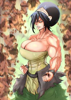 1girl avatar:_the_last_airbender avatar_legends bare_shoulders blind breasts cleavage female_focus highres huge_breasts hukiguni muscular muscular_female short_hair solo toph_beifong torn_clothes wristband