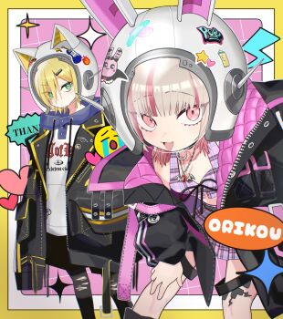 1boy 1girl :3 animal_ear_helmet animal_ears animal_helmet arm_belt belt black_jacket black_leggings black_straps blonde_hair blue_hood blunt_bangs breasts cat_ears chain chain_necklace closed_mouth clothes_writing collarbone colored_inner_hair cowboy_shot crop_top drawstring fake_animal_ears fang flame_print green_eyes grey_hair hair_ornament hair_over_one_eye hairpin hand_in_pocket hand_on_own_thigh heart heart_sticker helmet highres hood hood_down hoodie jacket jewelry katama_(k85620232) lapels leaning_forward leg_tattoo leggings lightning_bolt_print looking_at_viewer loose_belt makaino_ririmu makaino_ririmu_(6th_costume) midriff miniskirt multicolored_hair necklace nijisanji notched_lapels open_clothes open_jacket open_mouth pendant pink_background pink_belt pink_hair pink_jacket pink_skirt plaid_clothes plaid_skirt pleated_skirt print_hoodie rabbit_ears red_eyes short_hair skirt small_breasts space_helmet standing star_(symbol) star_sticker sticker streaked_hair tattoo thigh_strap torn_clothes torn_leggings two-sided_fabric two-sided_jacket unzipped upturned_eyes uzuki_kou uzuki_kou_(5th_costume) virtual_youtuber white_helmet white_hoodie winged_heart winged_heart_tattoo wolf_cut yellow_trim
