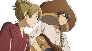 Rule 34 | 1boy, 1girl, absurdres, artist name, black eyes, black hair, blush, brown hair, costume, deaimon, derivative work, frown, guitar, hair bun, highres, instrument, irino nagomu, japanese clothes, open mouth, samue, screenshot redraw, simple background, single hair bun, souphere, standing, white background, yukihira itsuka