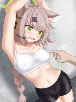 1girl 1other animal_ears armpits arms_up bike_shorts blue_archive braid breasts commentary_request covered_erect_nipples cowboy_shot dutch_angle green_eyes grey_hair headset long_hair looking_at_another looking_down medium_breasts navel nipple_stimulation open_mouth otogi_(blue_archive) out_of_frame pantylines single_braid sports_bra standing stomach striped_sports_bra sweat tamainoniwa v-shaped_eyebrows very_long_hair very_sweaty white_sports_bra
