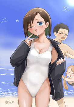 1boy 2girls :d artist_name beach black_hair black_jacket blonde_hair blue_eyes blush_stickers boku_no_kokoro_no_yabai_yatsu bracelet breasts earrings grey_nails highres ichikawa_kana jacket jewelry medium_breasts multiple_girls nyanmyan-chan one-piece_swimsuit one_eye_closed open_mouth outdoors paso short_hair smile sota_jun standing stud_earrings sun sweat swimsuit twintails v white_one-piece_swimsuit
