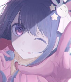 1girl :p ;p arm_up blush chromatic_aberration closed_mouth commentary_request gloves hair_ornament highres holding holding_microphone hoshino_ai l_hand long_hair looking_at_viewer microphone one_eye_closed oshi_no_ko pink_gloves portrait purple_eyes purple_hair rabbit_hair_ornament rayamamami smile solo star-shaped_pupils star_(symbol) star_hair_ornament symbol-shaped_pupils tongue tongue_out