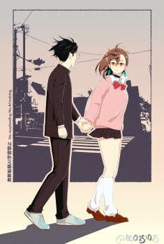 1boy 1girl absurdres ayase_momo black_choker black_hair black_jacket black_pants bow bowtie brown_background brown_eyes brown_hair brown_shoes choker collared_shirt couple crossed_bangs crosswalk dandadan earrings eco_0000 gakuran glasses hair_between_eyes hetero highres holding_hands jacket jewelry loafers looking_at_another loose_socks medium_hair pants parted_lips pink_sweater pleated_skirt power_lines red_bow red_bowtie round_eyewear school_uniform shirt shoes short_hair skirt sneakers socks sweater takakura_ken_(dandadan) twitter_username white_shirt white_shoes white_socks