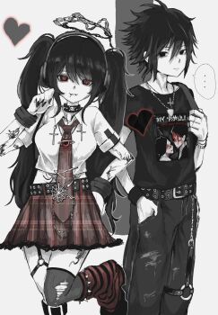 ... 1boy 1girl :3 arm_tattoo belt black_belt black_choker black_eyes black_hair black_nails black_pants black_shirt black_thighhighs bracelet chain_halo choker closed_mouth collared_shirt crop_top cross cross-shaped_pupils cross_necklace emo_fashion face_piercing guitar_case hair_between_eyes hand_in_pocket hand_on_own_hip headphones heart highres instrument_case inverted_cross jewelry labret_piercing leg_tattoo leg_warmers lip_piercing long_hair looking_at_another looking_at_viewer my_chemical_romance necklace necktie nu_punxxxz o-ring o-ring_thigh_strap original pale_skin pants piercing plaid_clothes plaid_necktie plaid_skirt plectrum_necklace print_shirt red_eyes red_necktie red_skirt safety_pin shirt short_hair skirt spiked_thigh_strap spoken_ellipsis standing standing_on_one_leg stomach_tattoo striped_leg_warmers symbol-shaped_pupils tattoo thigh_strap thighhighs three_cheers_for_sweet_revenge twintails white_shirt