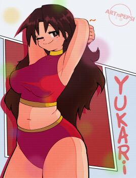 1girl absurdres arms_behind_head artist_logo artnpepsi azumanga_daiou bikini brown_hair character_name commentary highres logo long_hair looking_at_viewer midriff navel one_eye_closed red_bikini smile solo sports_bikini swimsuit tanizaki_yukari
