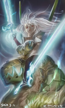 1girl boobplate breastplate breasts centauroid commentary_request dark-skinned_female dark_skin dated dragon_girl emuson floating floating_hair floating_object floating_sword floating_weapon gloves granblue_fantasy hair_between_eyes hand_up highres holding holding_sword holding_weapon large_breasts long_hair monster_girl open_mouth red_eyes sidelocks signature solo sword taur upper_body very_long_hair visor_(armor) weapon white_hair zooey_(granblue_fantasy)