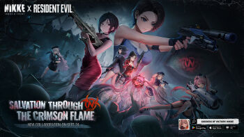 Rule 34 | 6+girls, 6+others, a.c.p.u. (nikke), ada wong, assault rifle, axe, black hair, black hat, black pantyhose, black shoes, black skirt, blue shirt, break-action grenade launcher, brown cloak, brown hair, bulletproof vest, claire redfield, cloak, closed mouth, crossover, d (nikke), dress, flashlight, fleeing, forehead, goddess of victory: nikke, grenade launcher, grey shorts, gun, handgun, hat, highres, holding, holding axe, holding flashlight, holding gun, holding rocket launcher, holding weapon, hood, hooded cloak, jacket, jill valentine, long sleeves, looking back, m79, medium hair, miranda (nikke), multiple girls, multiple others, night, official art, open mouth, outdoors, pants, pantyhose, pleated skirt, poli (nikke), police, ponytail, quiry (nikke), red dress, red jacket, resident evil, rifle, rocket launcher, shirt, shoes, short sleeves, shorts, skirt, standing, weapon