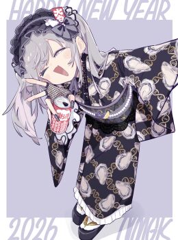 1girl 2026 absurdres amazake_(drink) black_nails can character_request earrings english_text fingerless_gloves frilled_hairband frills gloves grey_hair hairband happy_new_year highres holding holding_can japanese_clothes jewelry kimono nail_art nail_polish namagaki_ataru new_year okobo one_eye_closed open_mouth original platform_sandals print_kimono purple_eyes romaji_commentary sandals socks white_socks yukata