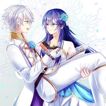 1boy 1girl bare_shoulders blue_eyes blue_hair carrying commentary commission dress english_commentary fire_emblem fire_emblem_awakening fire_emblem_heroes formal_clothes gloves hair_between_eyes hetero highres long_hair long_sleeves looking_at_another lucina_(fire_emblem) male_robin_(fire_emblem) male_robin_(groom)_(fire_emblem) nintendo official_alternate_costume pants princess_carry profile reverse_princess_carry second-party_source shoochiku_bai short_hair smile suit wedding_dress white_gloves white_hair white_pants