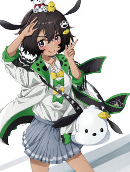 1girl animal_ear_hairband animal_ears aokaly bag black_hair blush bow bowtie closed_mouth collared_shirt commentary_request fake_animal_ears food-themed_hair_ornament green_bow green_bowtie grey_skirt hair_between_eyes hair_ornament hairband hands_up highres jacket lemon_hair_ornament long_sleeves make_heroine_ga_oo_sugiru! official_alternate_costume paw_hair_ornament pleated_skirt pochacco purple_eyes school_bag school_uniform shirt short_hair skirt solo summer_uniform tongue tongue_out tsuwabuki_high_school_uniform white_jacket white_shirt yakishio_lemon yellow_bow yellow_bowtie