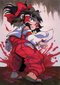 1girl absurdres adapted_costume black_eyes black_hair blood blood_on_clothes blood_splatter bow chest_sarashi clothing_cutout detached_sleeves hair_bow hair_tubes hakama hakama_pants hakurei_reimu highres hip_vent inuyama_konan japanese_clothes medium_hair midriff_sarashi ofuda pants ponytail raised_inner_eyebrows red_bow red_hakama red_shirt sandals sarashi shirt solo touhou white_sleeves zouri