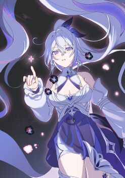 1girl absurdres bare_shoulders black_flower blue_eyes breasts cleavage collar detached_collar detached_sleeves diamond-shaped_pupils diamond_(shape) dress floating_hair flower hair_between_eyes high_ponytail highres honkai_(series) honkai_impact_3rd kiana_kaslana kiana_kaslana_(apho) kiana_kaslana_(herrscher_of_finality) long_hair long_sleeves mingmingzhu parted_lips ponytail solo strapless strapless_dress symbol-shaped_pupils very_long_hair white_collar white_dress white_hair white_sleeves