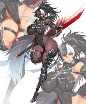 1girl absurdres black_gloves black_hair bodysuit breasts commentary_request covered_navel fingerless_gloves full_body gloves gurimjang high_ponytail highleg highleg_leotard highres holding holding_sword holding_weapon huge_breasts huge_weapon impossible_bodysuit impossible_clothes impossible_leotard leotard long_hair mask mechanical_legs mouth_mask multicolored_hair original ponytail purple_bodysuit red_eyes simple_background sword taimanin_suit two-tone_hair variant_set very_long_hair weapon white_background white_hair zoom_layer