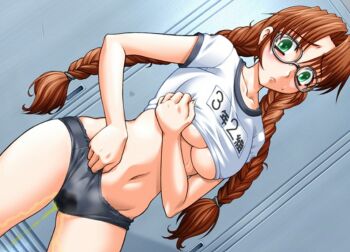 1girl amano_mitsurugi black_buruma blush braid breasts brown_hair buruma collarbone embarrassed game_cg glasses green_eyes large_breasts locker locker_room long_hair midriff navel okamoto_riko peeing peeing_self shirt short_sleeves standing steam sweat tryset twin_braids underboob wet wet_buruma wet_clothes white_shirt yarasete!_teacher_gakuen_ryokou?:_yaratea_ga_gakuen_wo_tobidashita!?